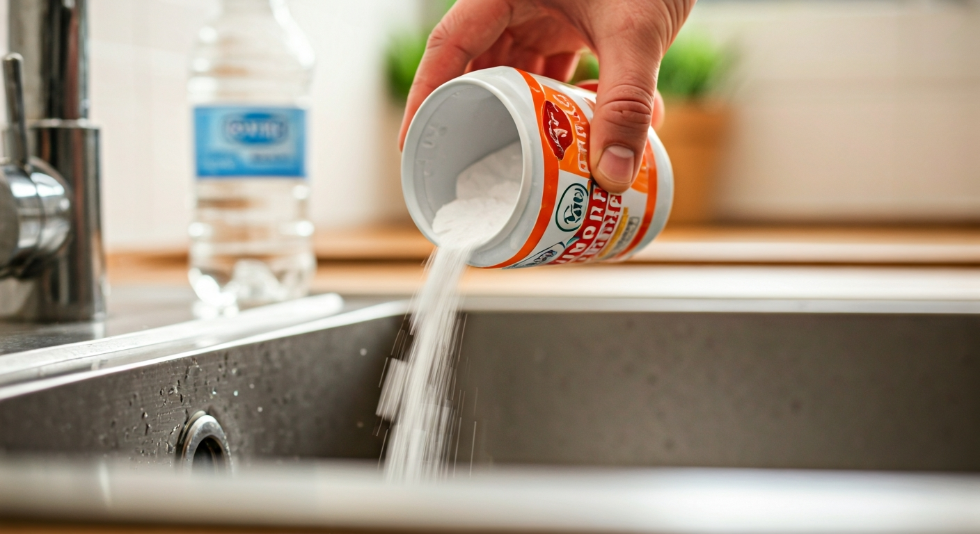Close-up, professional photo of a hand pouring baking soda into a kitchen sink drain, with a bottle