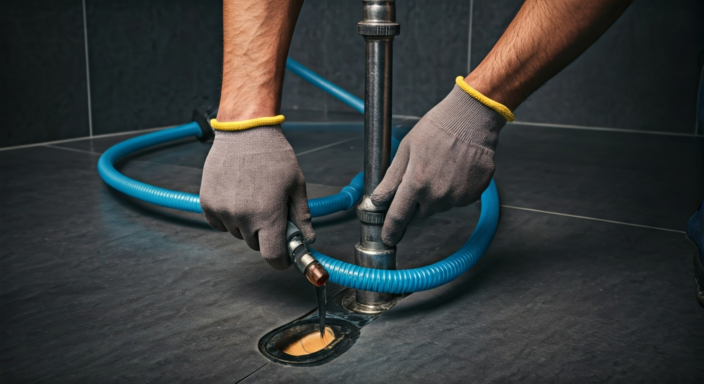 Professional photo of a plumber using a drain snake to clear a blockage in a residential bathroom pi