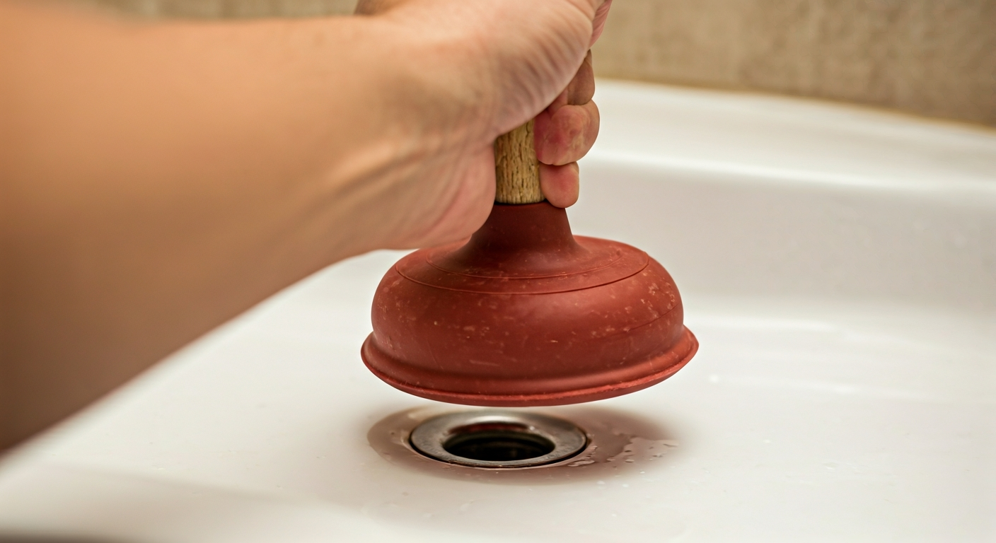 Close-up professional photo of a hand using a classic rubber plunger on a bathroom sink drain. Focus