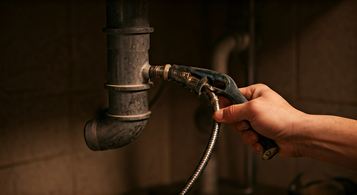 Close-up photo of a plumber's hands using a professional drain snake to clear a blockage in a sink p
