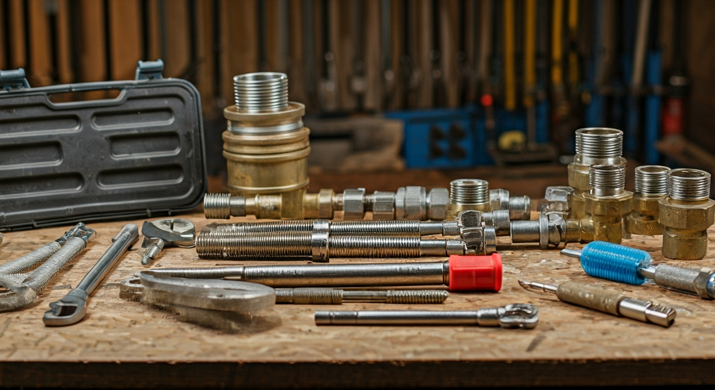 Professional photo of a clean and organized plumbing tool kit laid out on a workbench, showcasing va