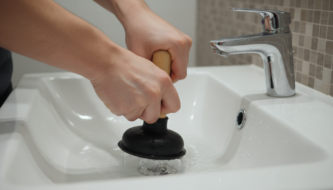 Close-up photo of a person's hands demonstrating how to properly use a rubber plunger on a bathroom