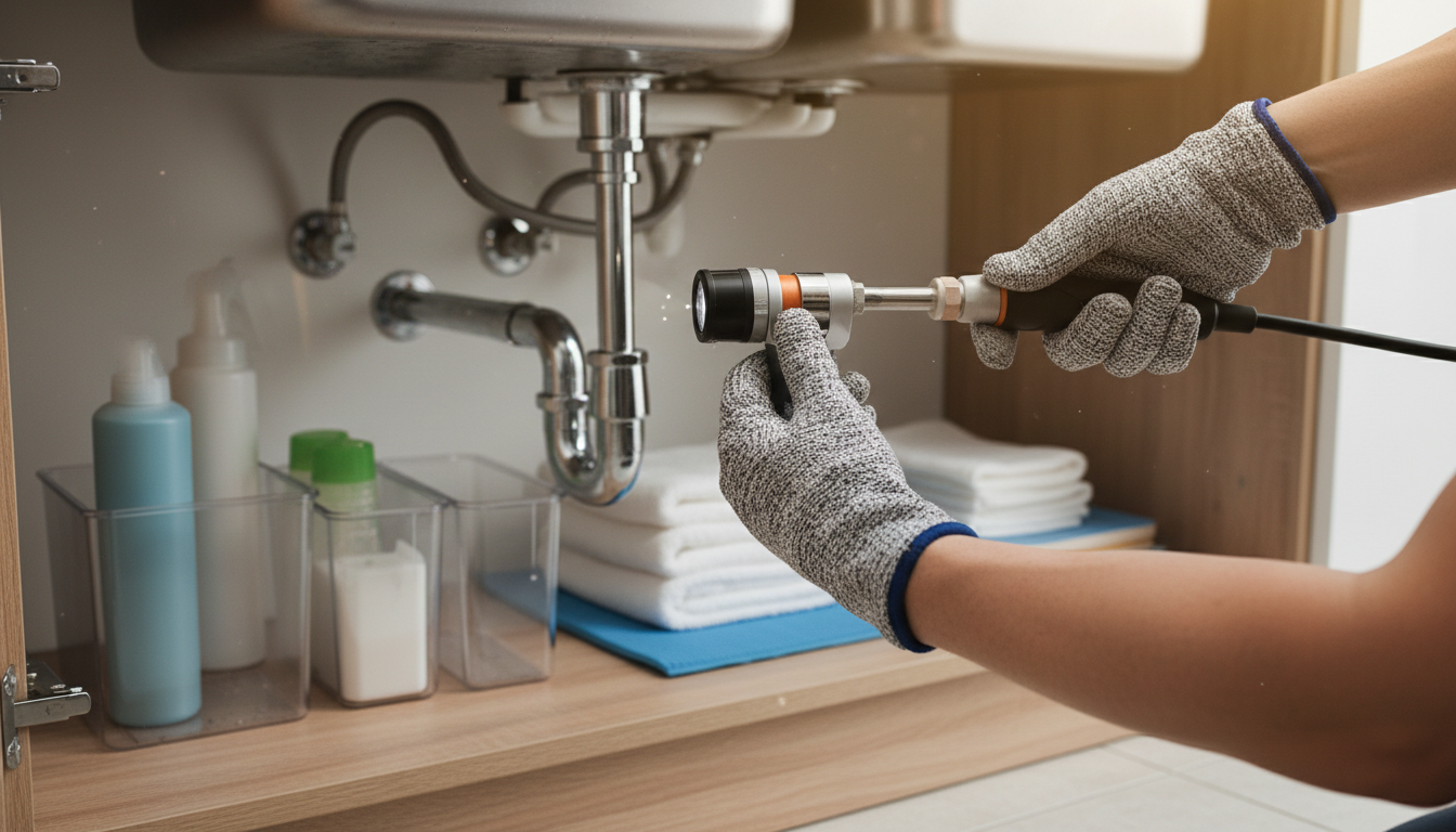 Professional photo of a skilled plumber wearing work gloves, inspecting a pipe system under a kitche