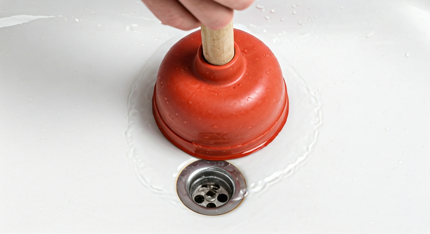 Close-up photo of a hand using a plunger on a sink drain, with clear water and no visible obstructio