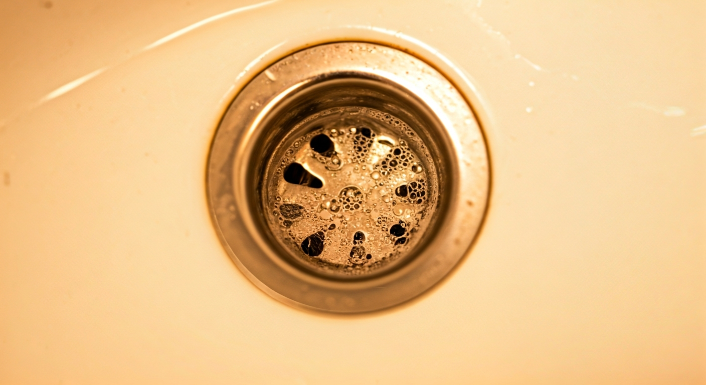 Close-up professional photo of a bathroom sink drain with a hair catcher and some soap scum, natural