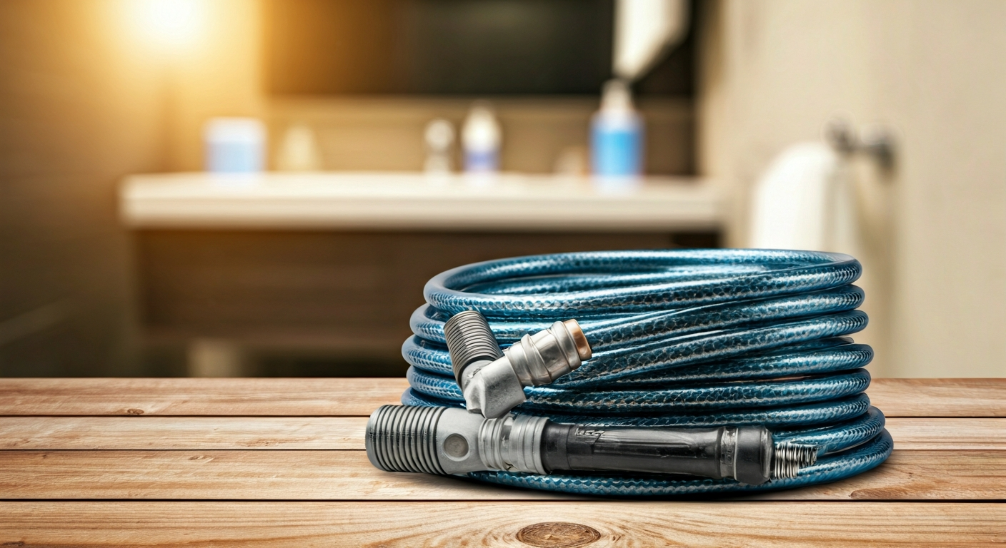 Professional photo of a plumber's snake tool coiled neatly, ready for use, with a slightly blurred b