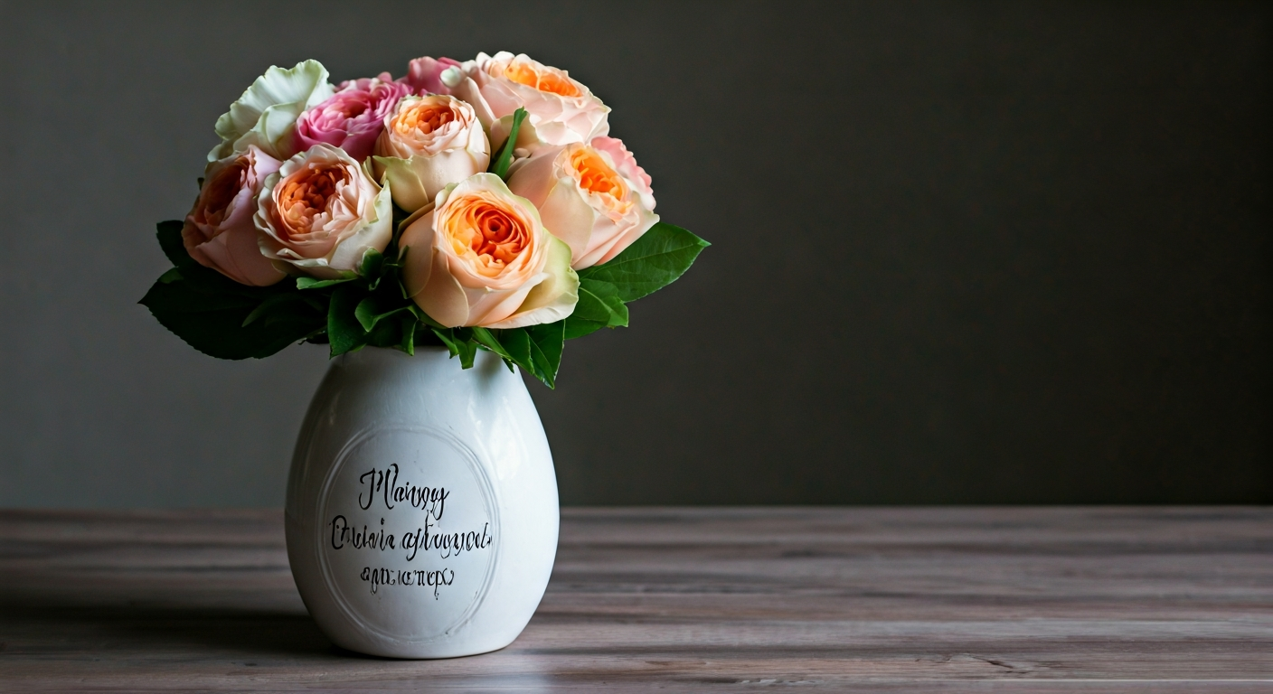 Close-up professional photo of a beautifully arranged bouquet of mixed flowers in a handcrafted, per