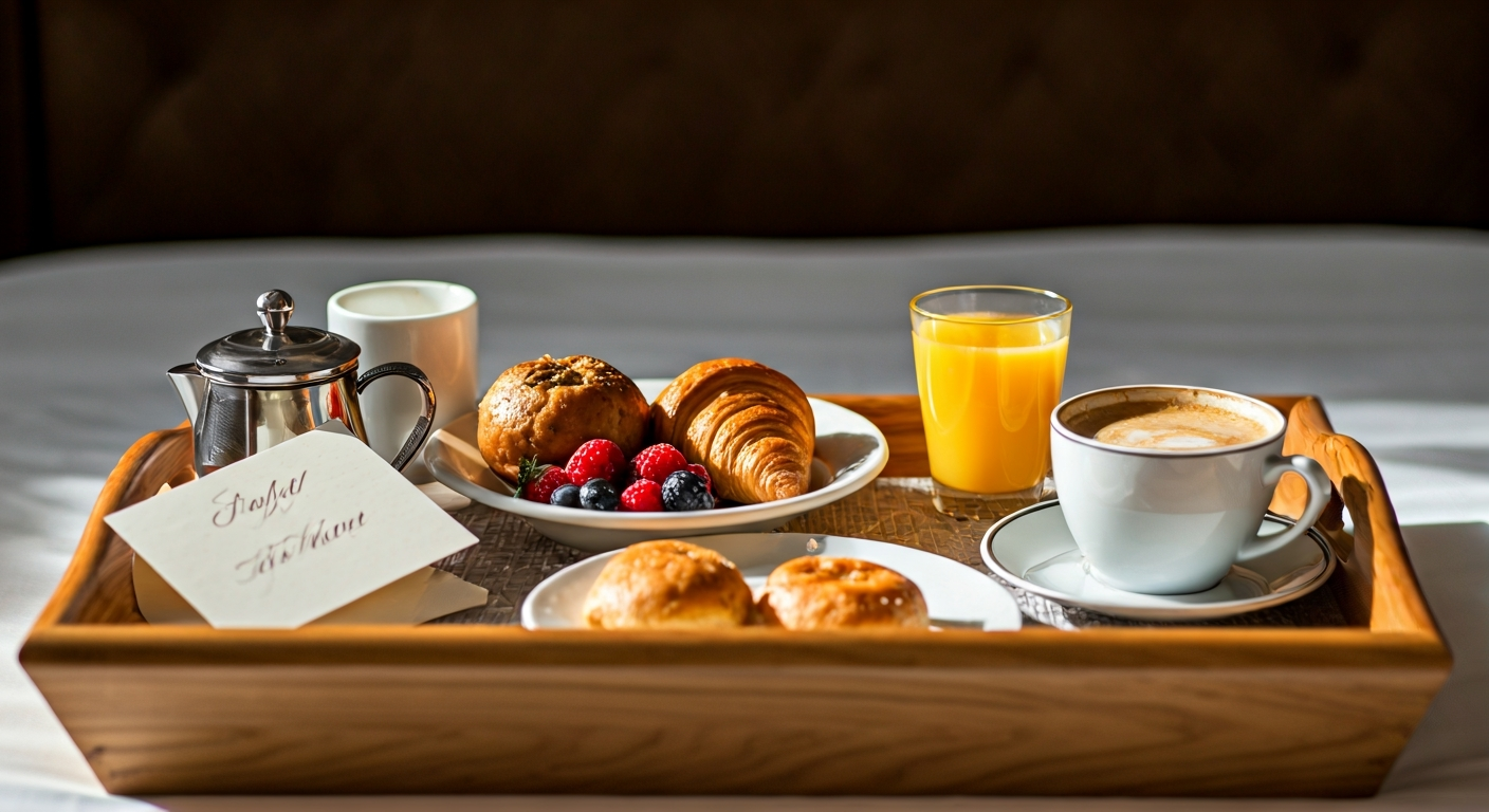 Professional photo of a charming breakfast-in-bed tray, artfully arranged with fresh fruits, pastrie