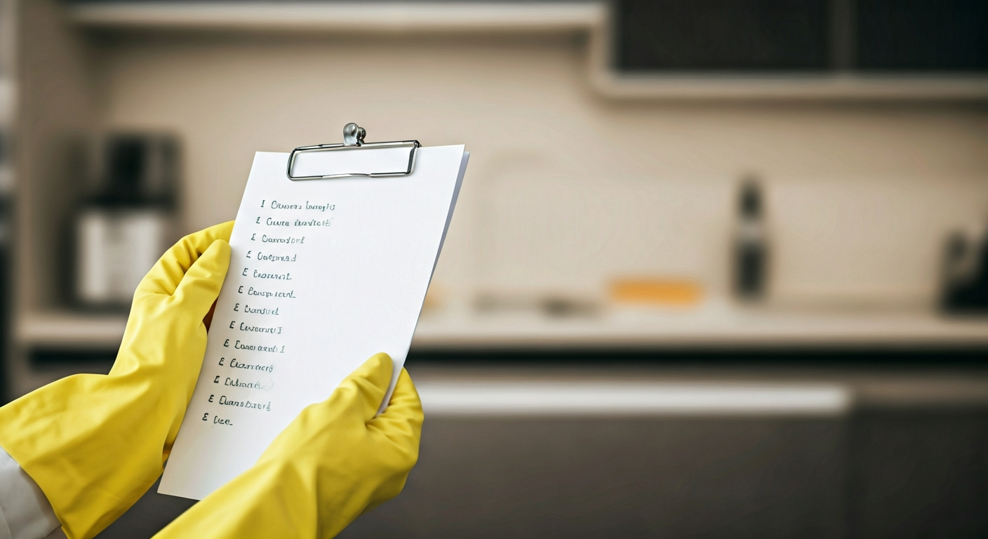 Close-up shot of hands holding a list of cleaning tasks, with a blurred background of a tidy kitchen