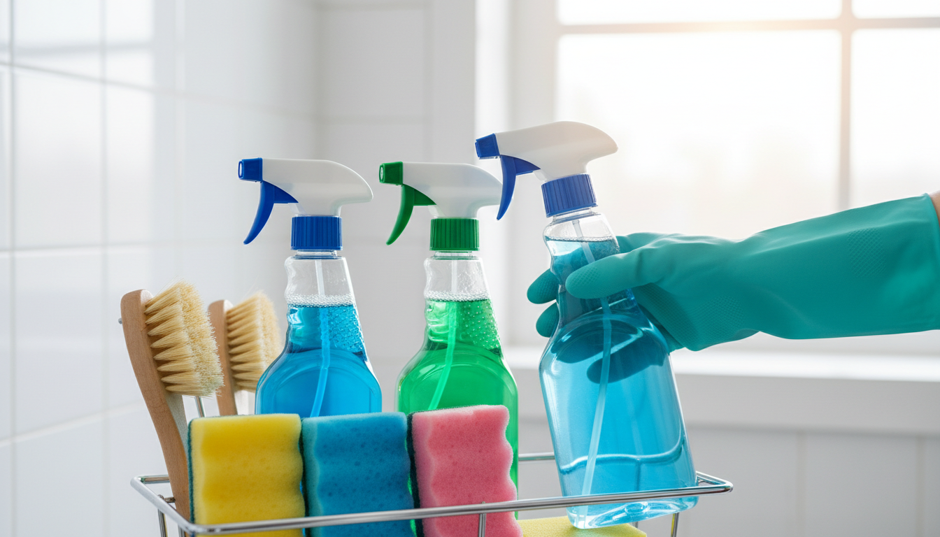 Close-up photo of various cleaning products (sprays, sponges, brushes) neatly organized in a caddy,