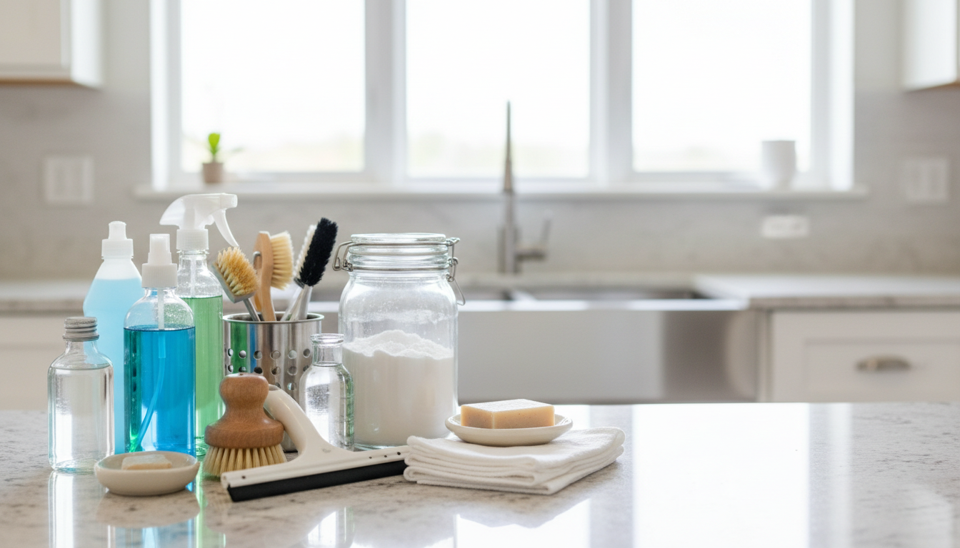 Close-up photo of various cleaning products and tools neatly arranged on a kitchen counter, with a b