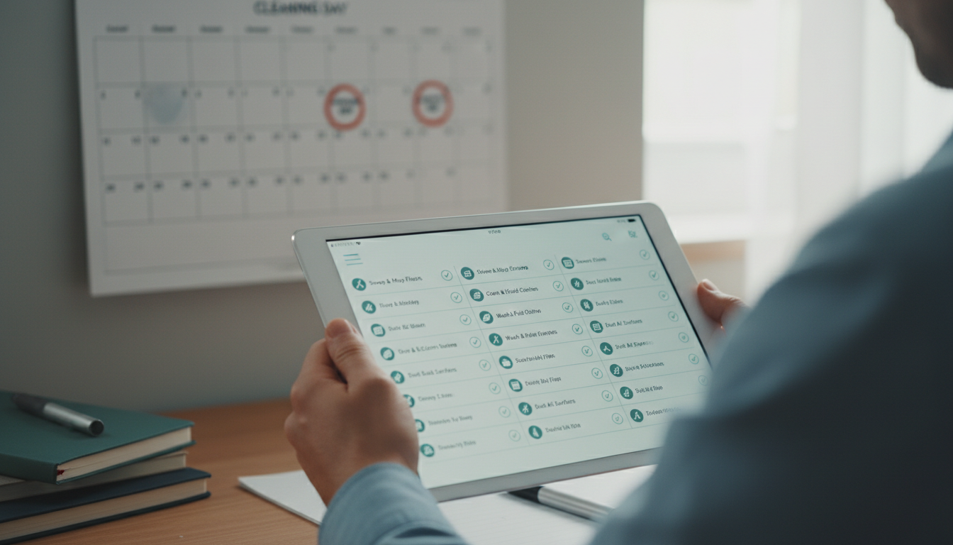 Professional photo of a person making a detailed checklist for household chores on a tablet, with a