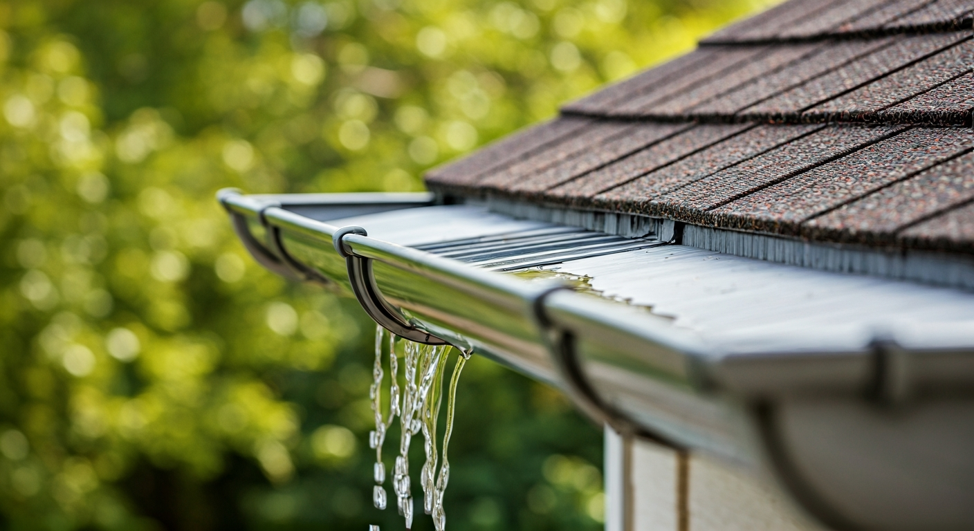 Close-up professional photo of a clean, functional gutter system on a residential roof, with water f
