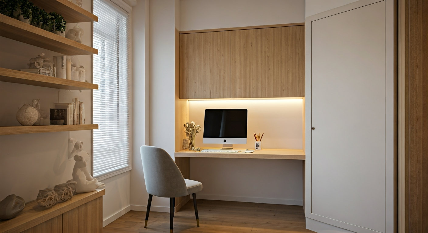 Professional photo of a beautifully designed home office interior, showcasing a functional drywall p