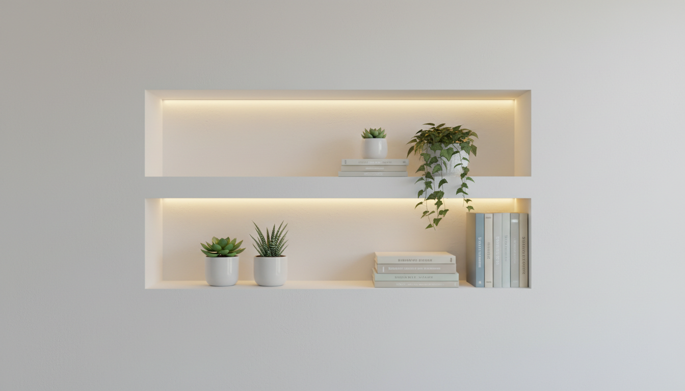 Close-up photo of a built-in drywall niche with decorative lighting, showcasing small plants and boo
