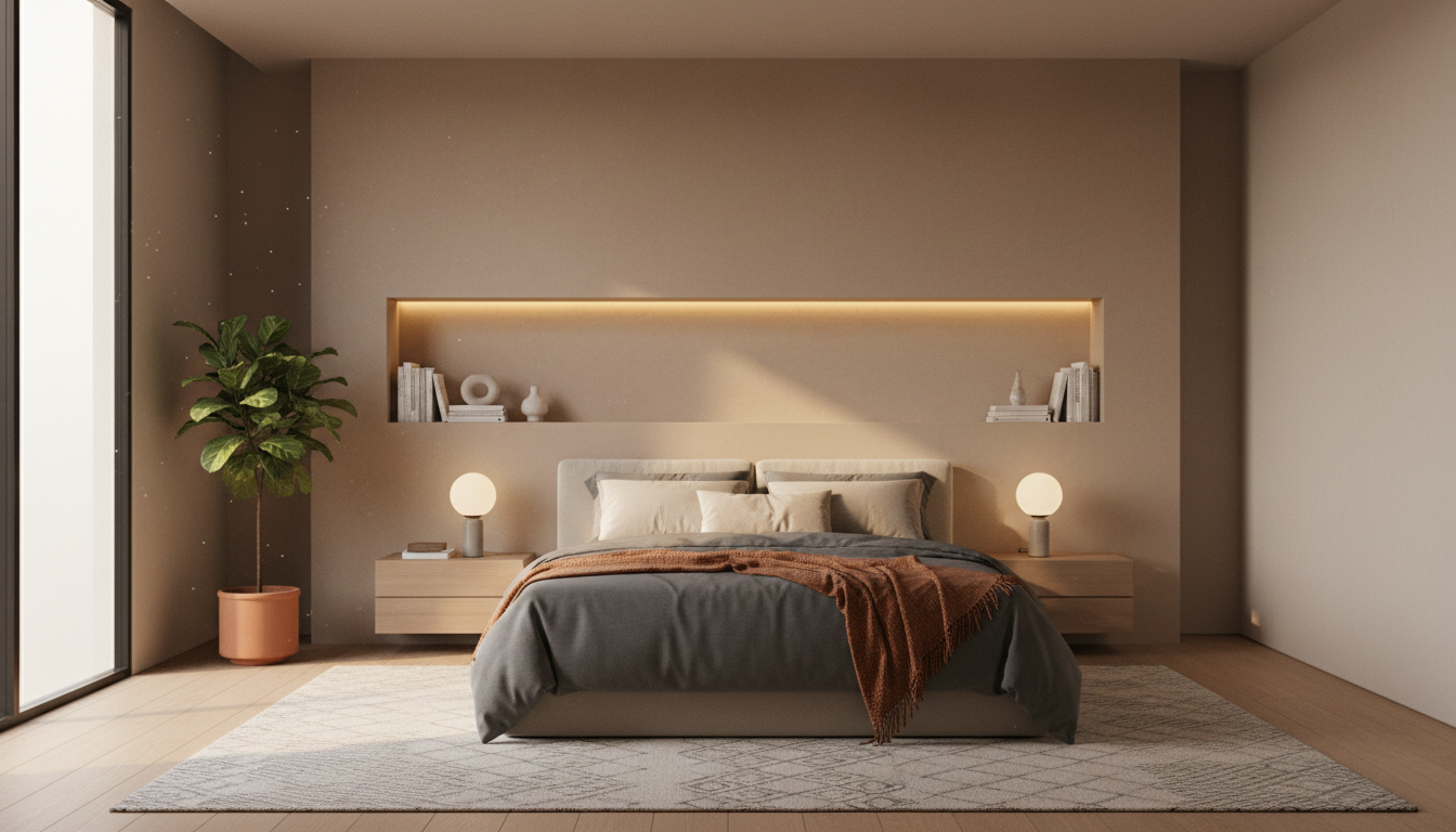 Professional photo of a contemporary bedroom with a custom drywall headboard featuring integrated sh