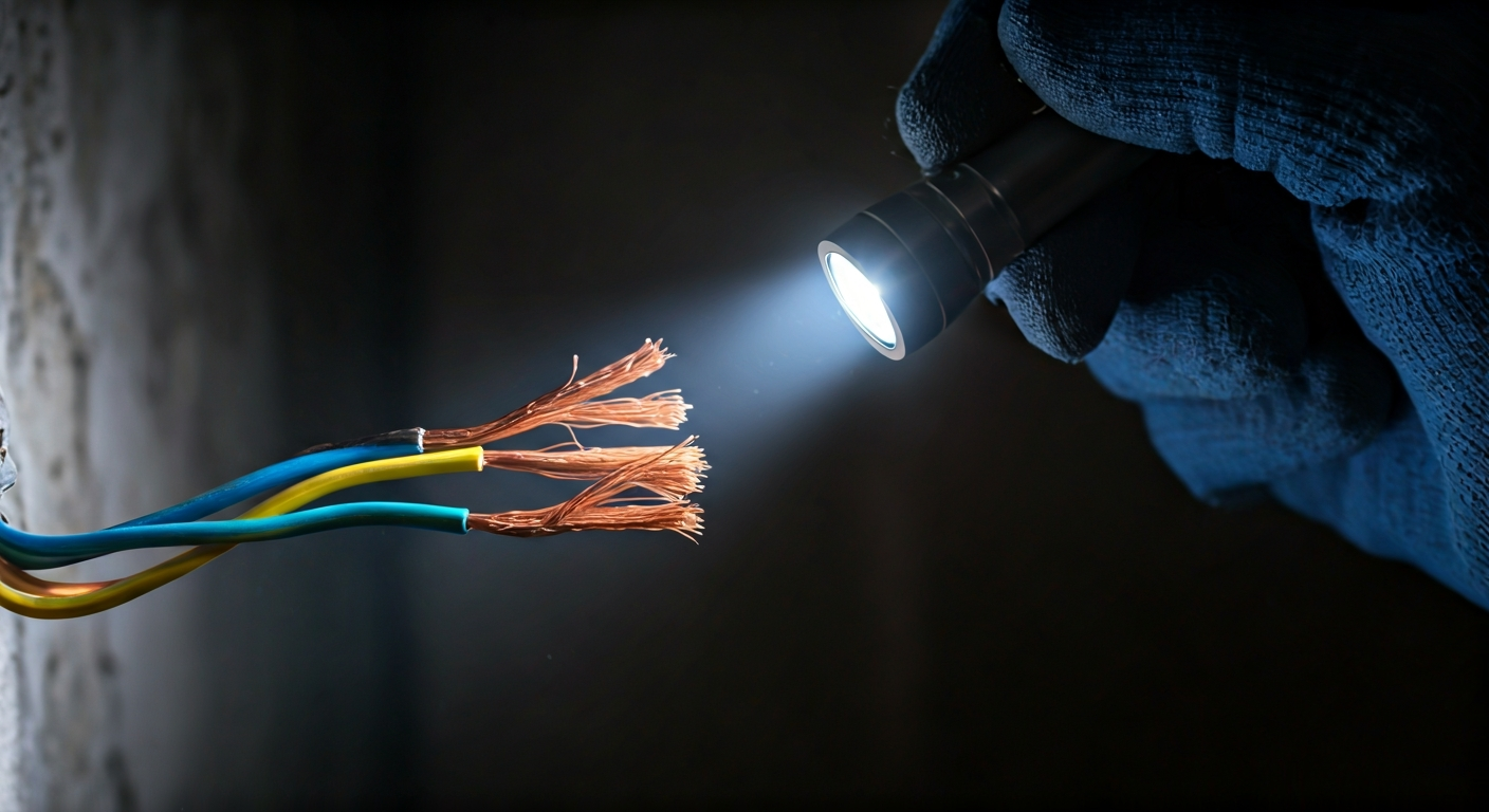 Close-up professional photo of old, frayed electrical wires being carefully inspected by a gloved ha
