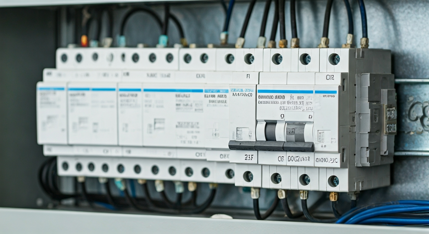 Professional photo of a modern, organized electrical panel with clearly labeled circuit breakers and