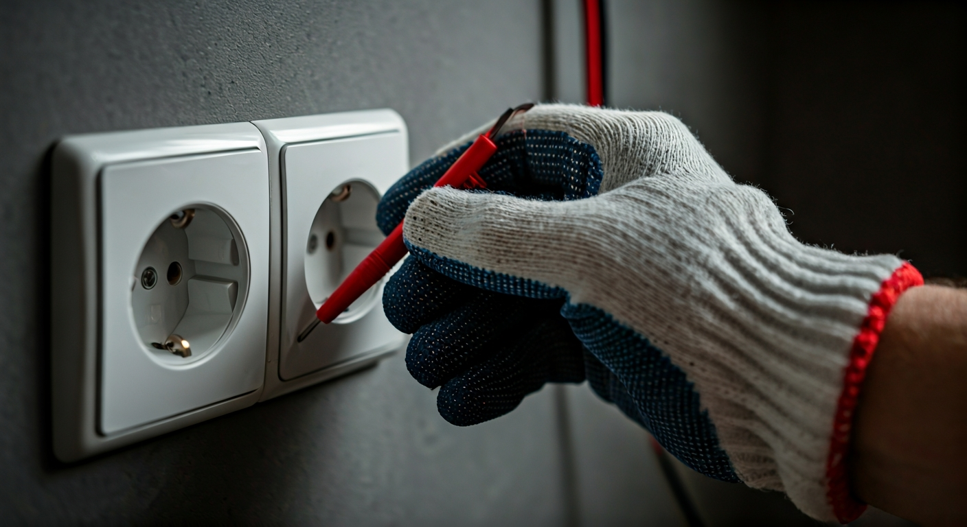 Close-up professional photo of a hand in a protective glove carefully inspecting a modern electrical
