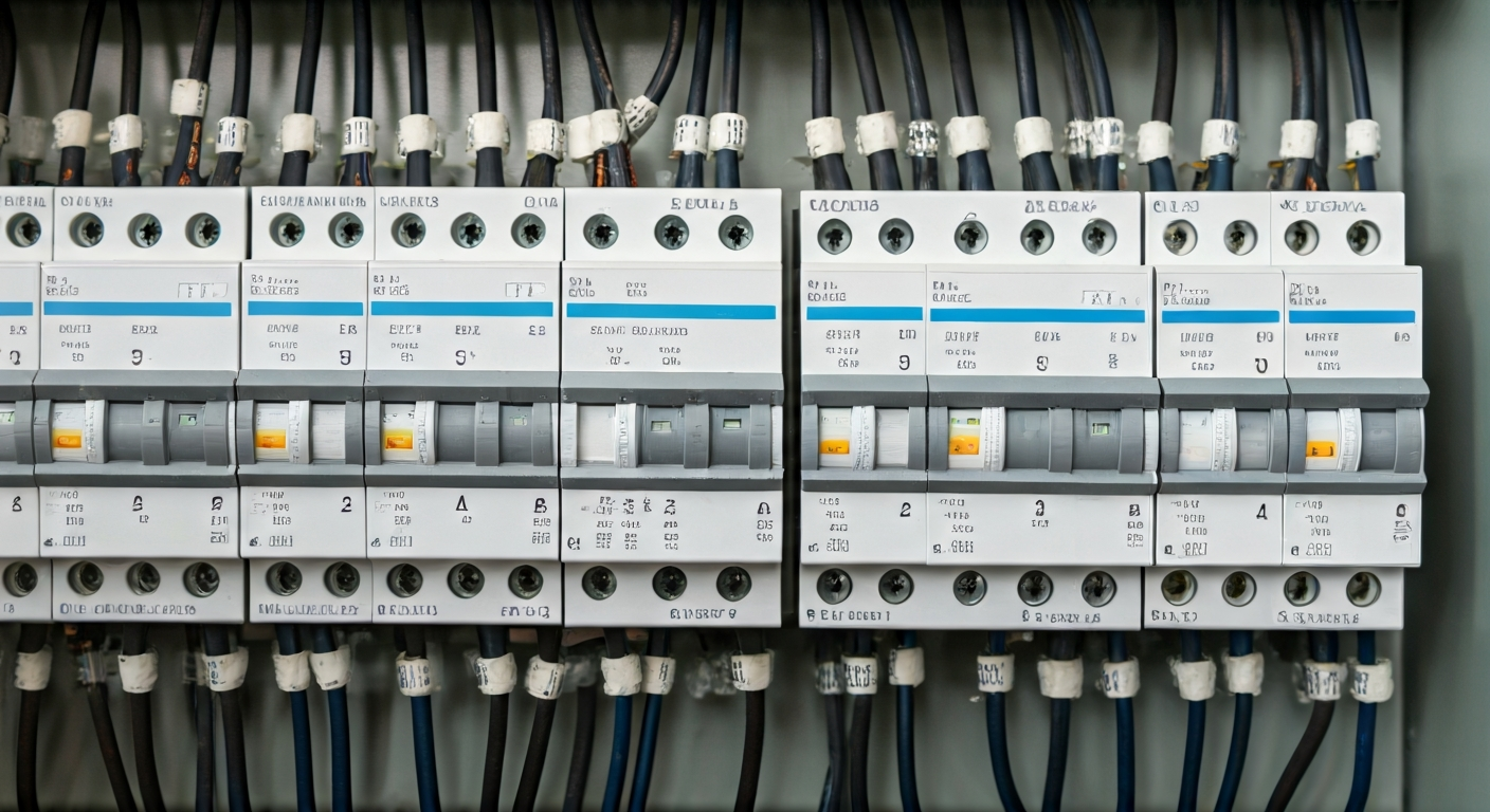 Professional photo of a neatly organized electrical panel with clearly labeled circuit breakers, sho