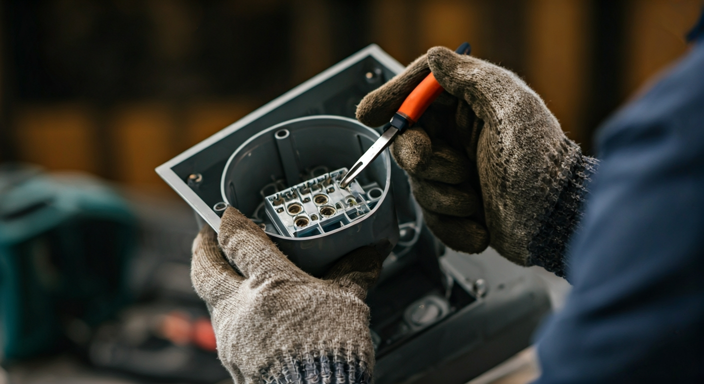 Close-up photo of a professional electrician's hands carefully inspecting a junction box with tools,