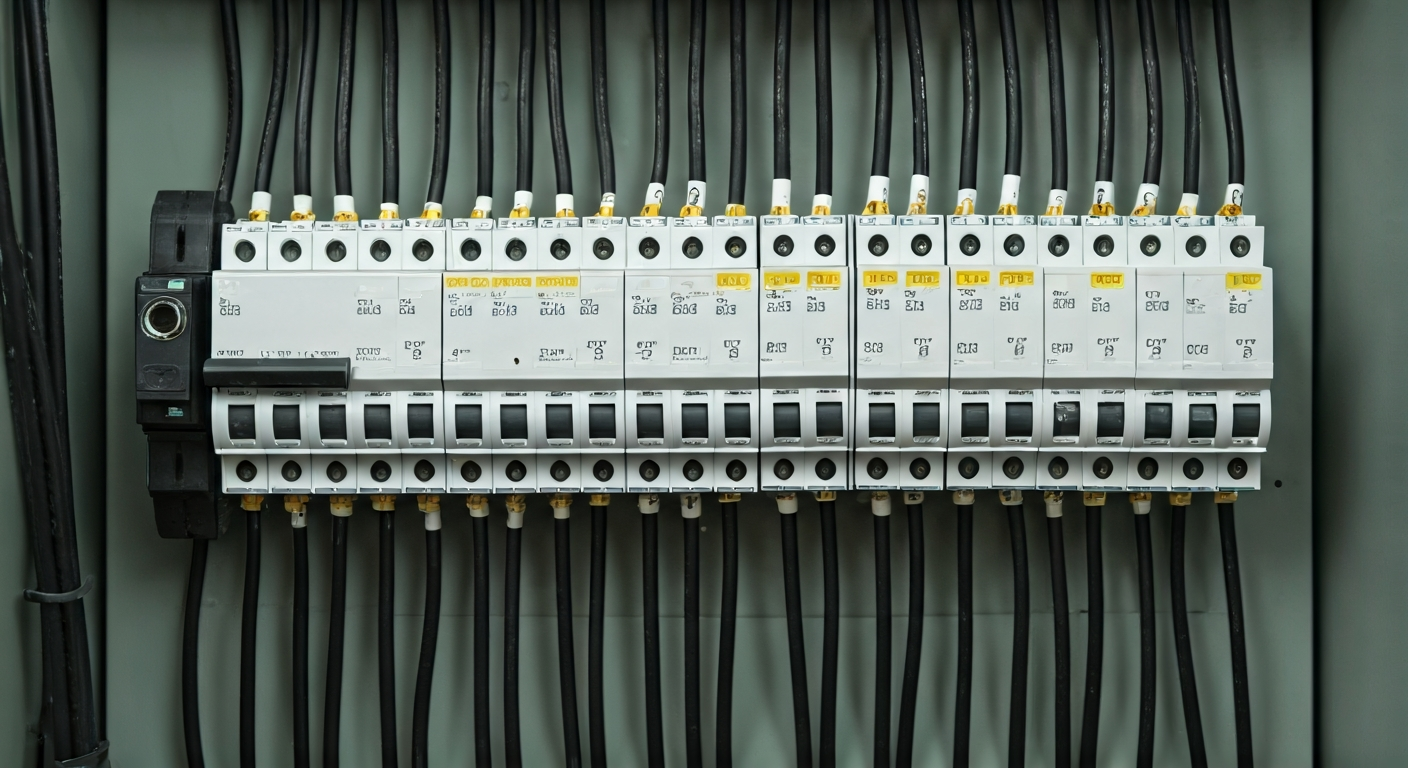 Professional photo of a neatly organized electrical panel with clearly labeled circuit breakers, hig