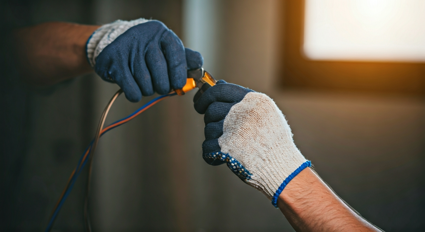 Close-up photo of a professional electrician's hands wearing insulated gloves, carefully connecting
