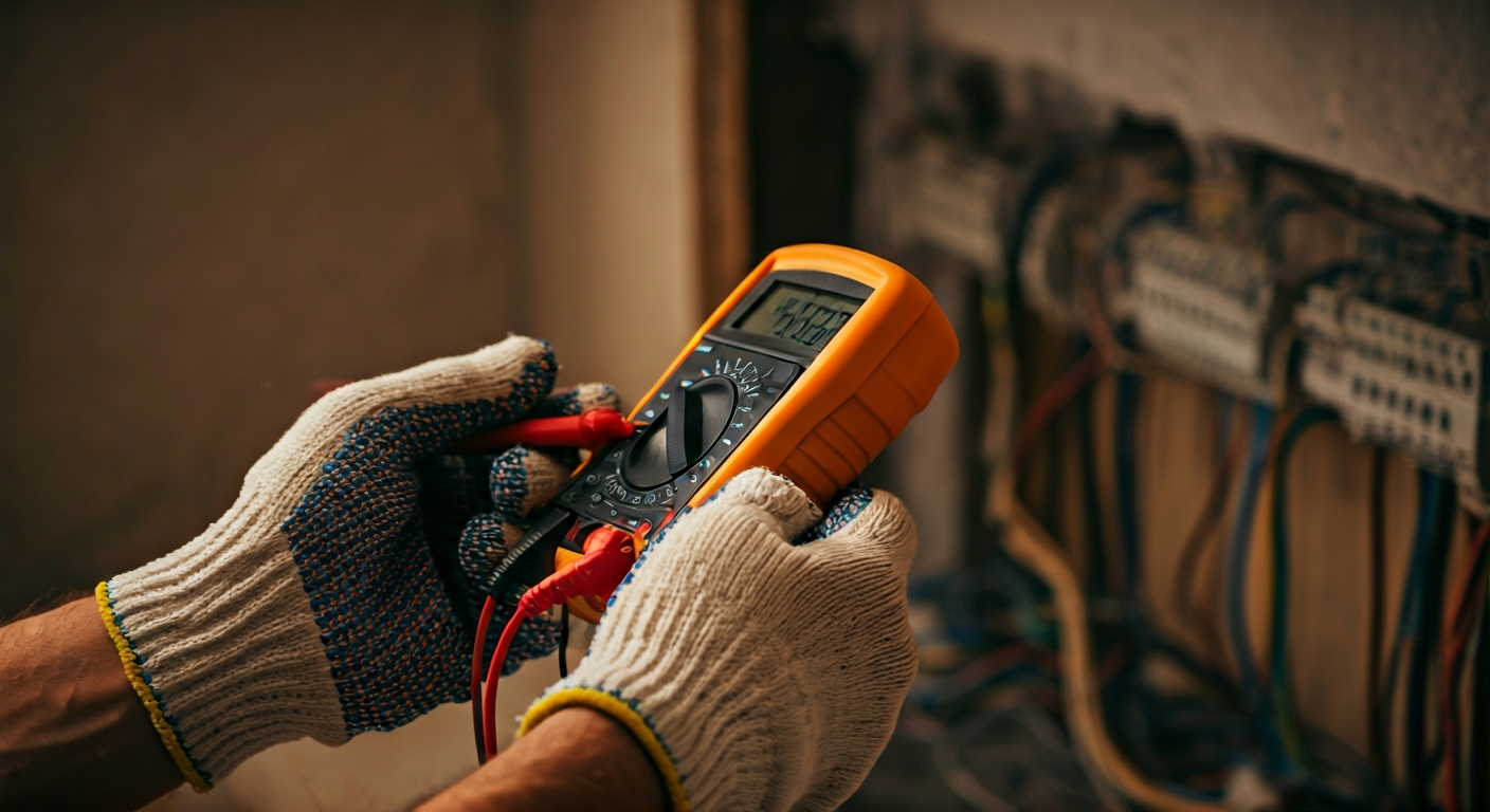 Close-up photo of a skilled electrician's hands wearing safety gloves, using a multimeter to test el