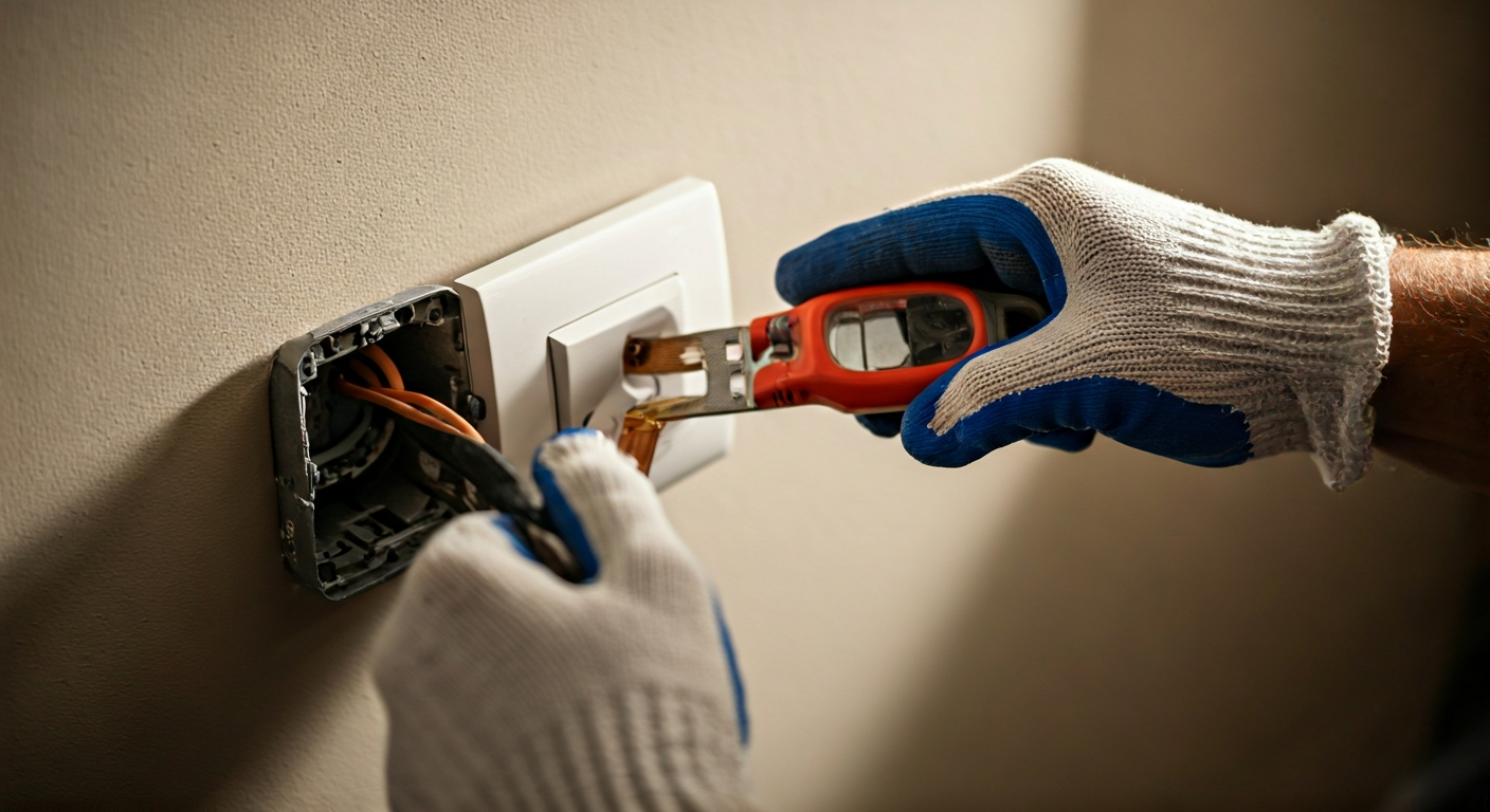 Professional photo of a residential electrical outlet being safely and correctly installed by an ele