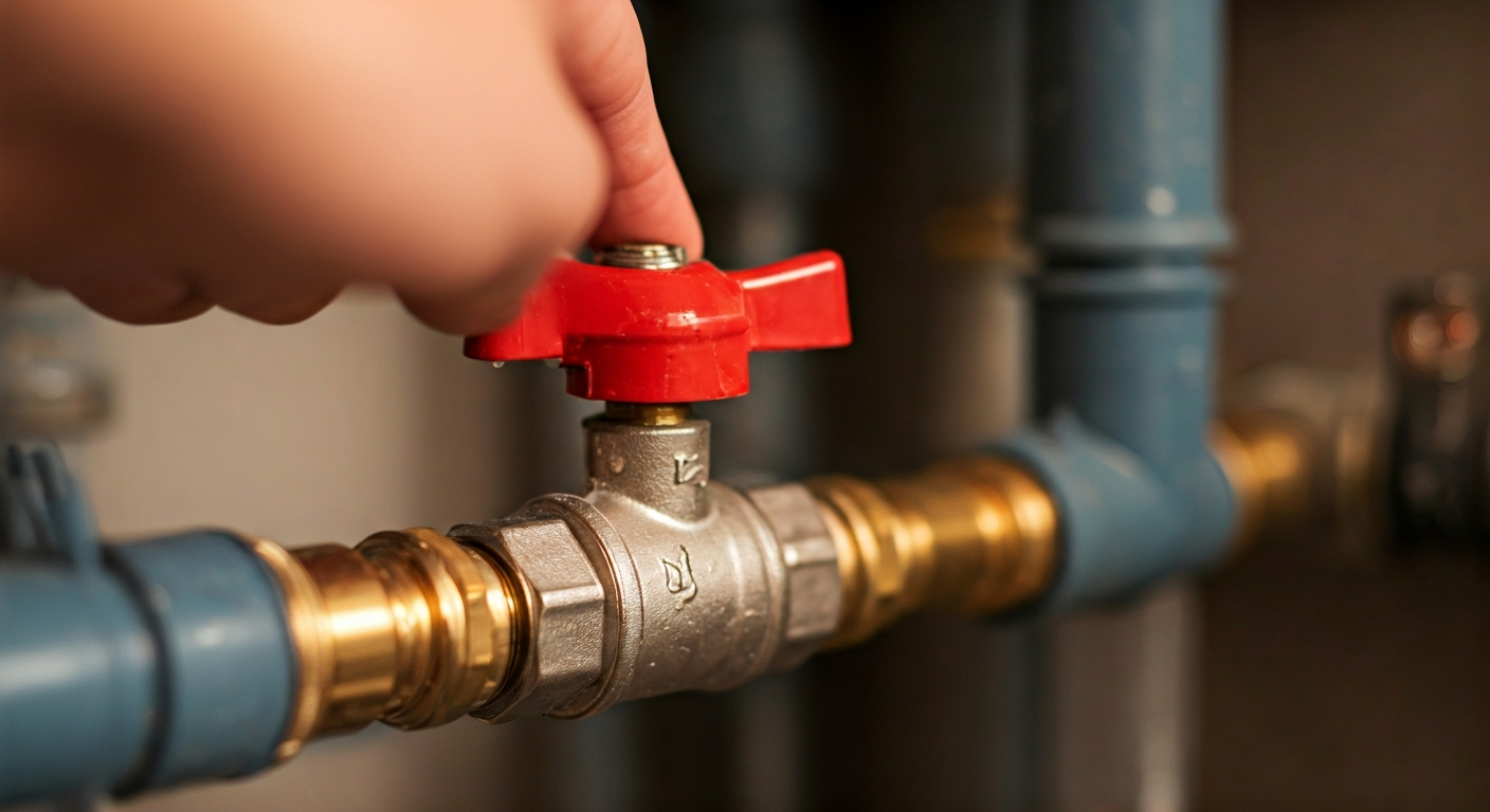 Close-up photo of a hand turning a water valve to the off position, with a backdrop of plumbing pipe