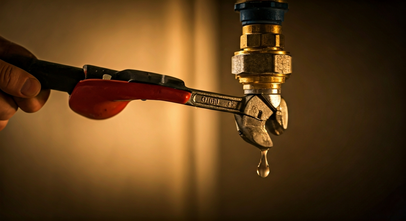 Close-up professional photo of hands using a wrench to tighten a pipe connection, with a small drip
