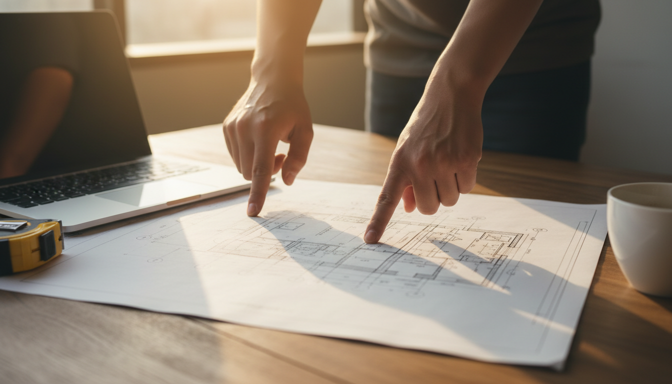 Close-up professional photo of hands pointing at a detailed architectural blueprint on a table, with