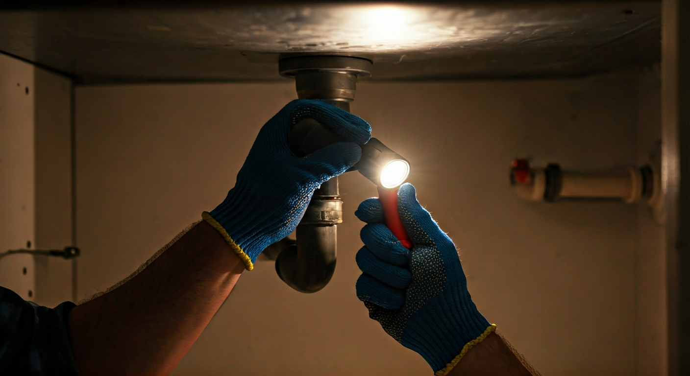 Close-up professional photo of an experienced plumber wearing gloves, carefully inspecting a pipe jo