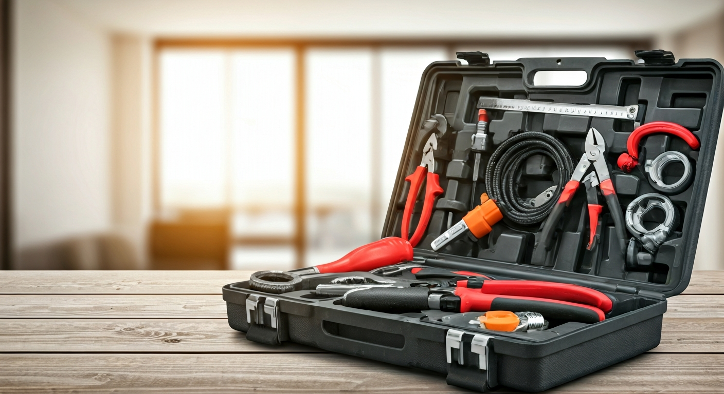 Professional photo of a well-organized toolbox with various plumbing tools laid out on a clean surfa