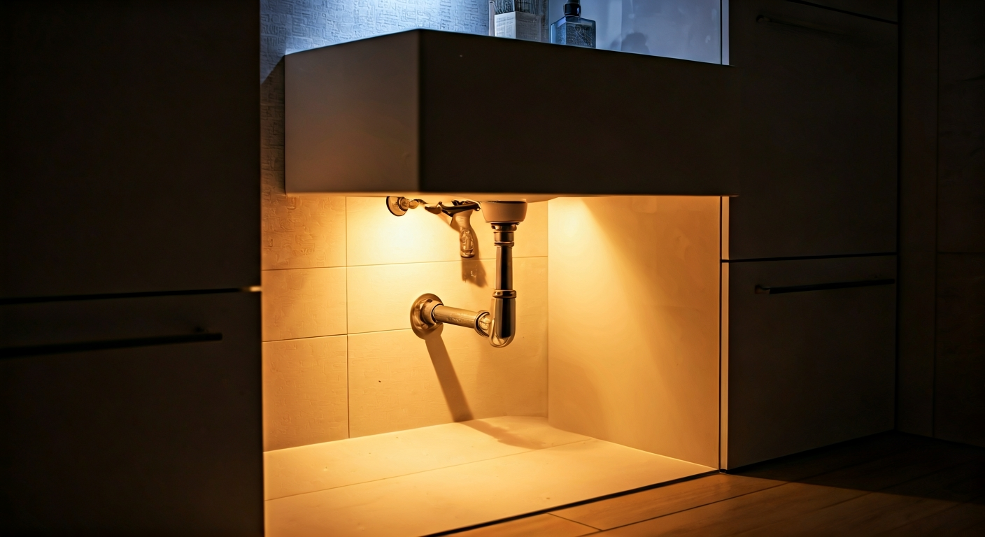 Professional photo of a dimly lit bathroom at night, with a visible water leak from under the sink,