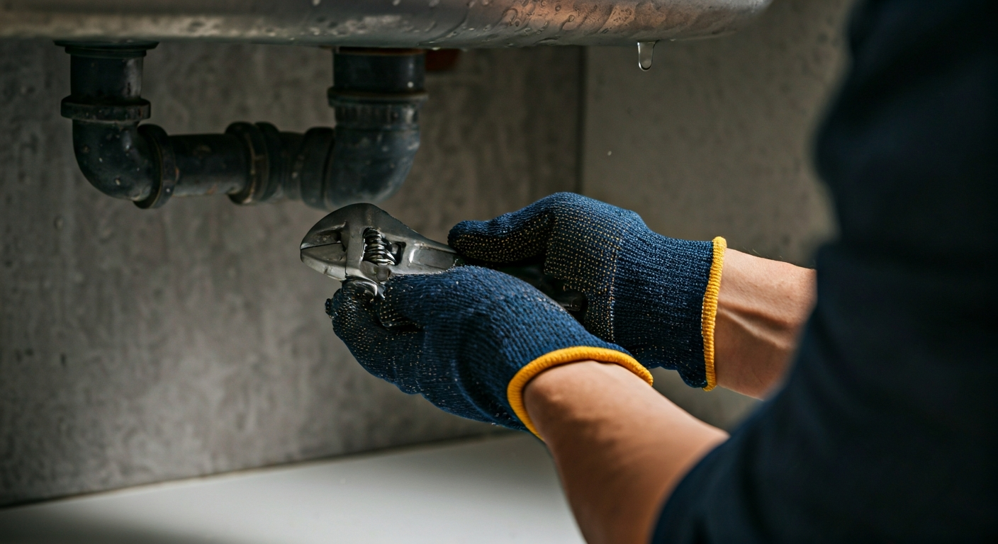 Close-up photo of a plumber's hands wearing gloves, using a wrench to fix a pipe under a sink, with