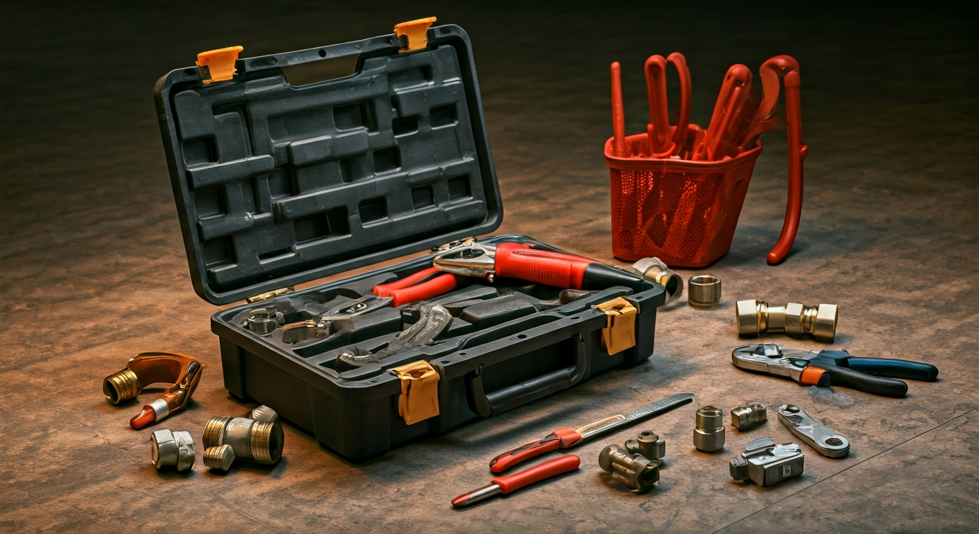 Professional photo of a clean and organized toolbox with various plumbing tools laid out neatly on a
