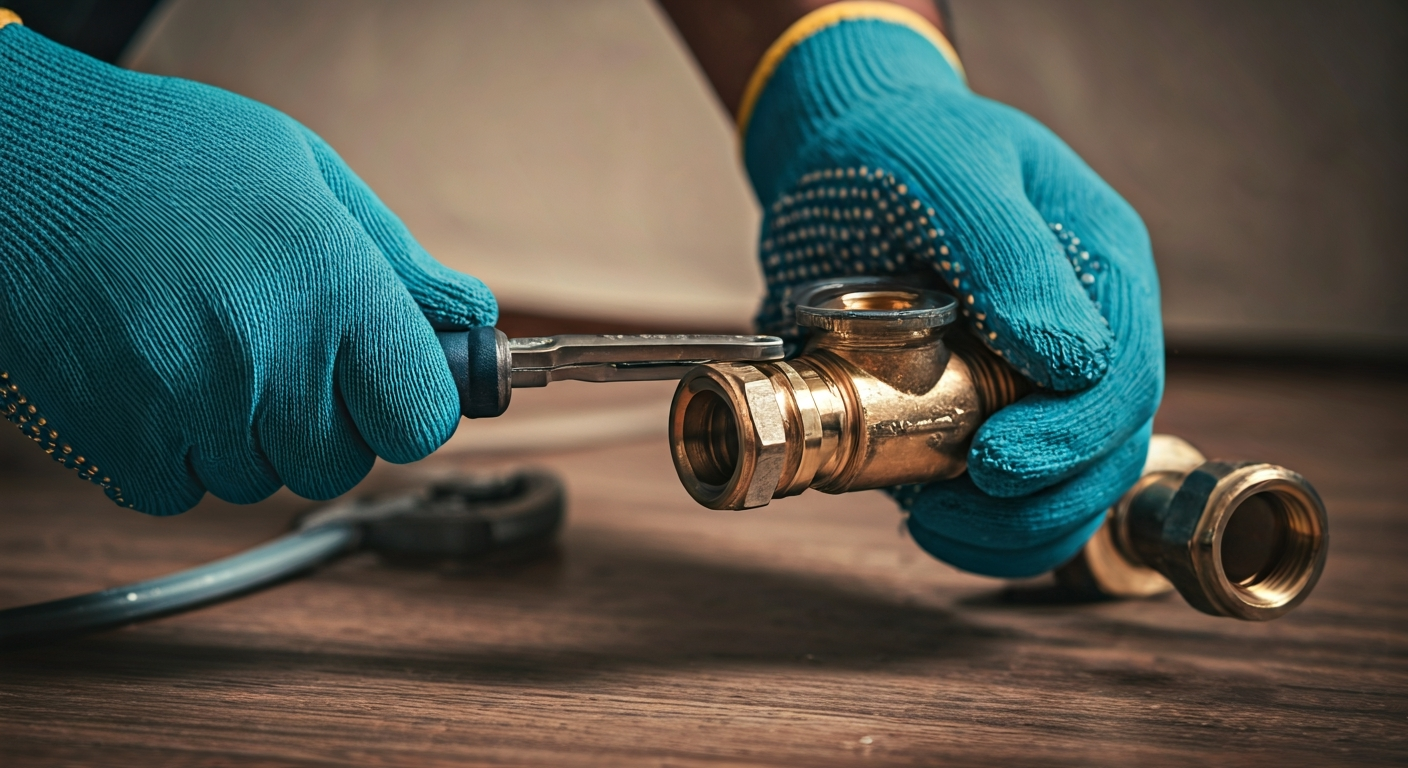 Close-up photo of a plumber's gloved hands skillfully tightening a pipe fitting, with a small puddle