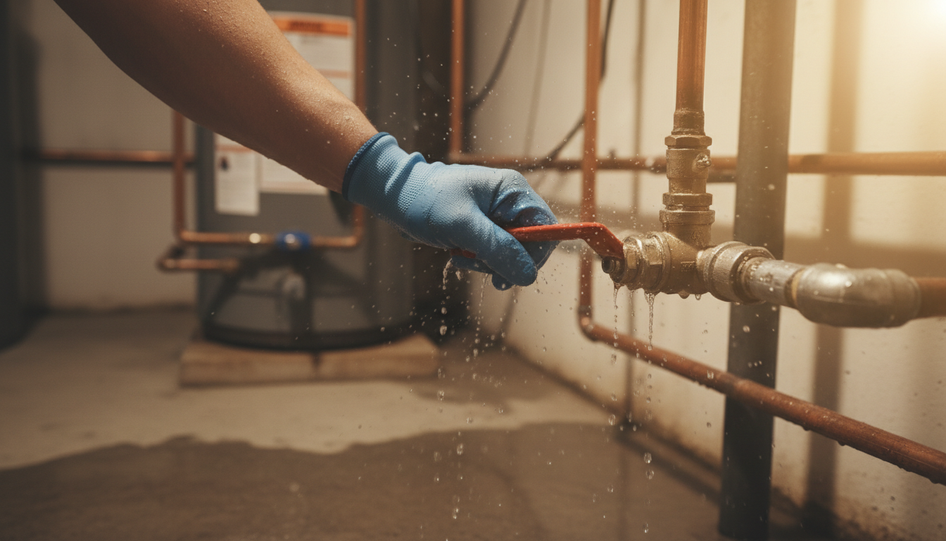 Close-up photo of a hand turning off a main water valve in a residential setting, with water drops v