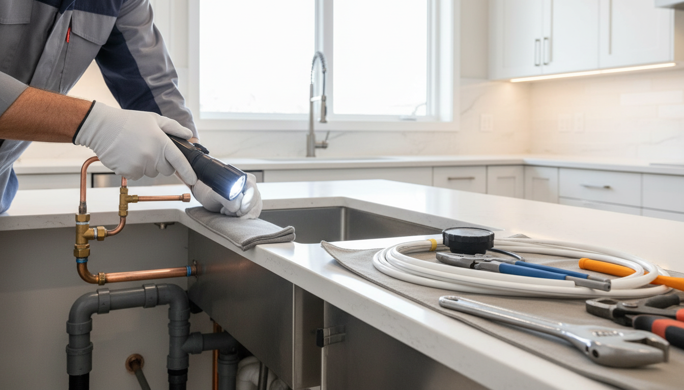 Professional photo of a plumber, wearing clean work clothes, confidently inspecting a pipe under a k