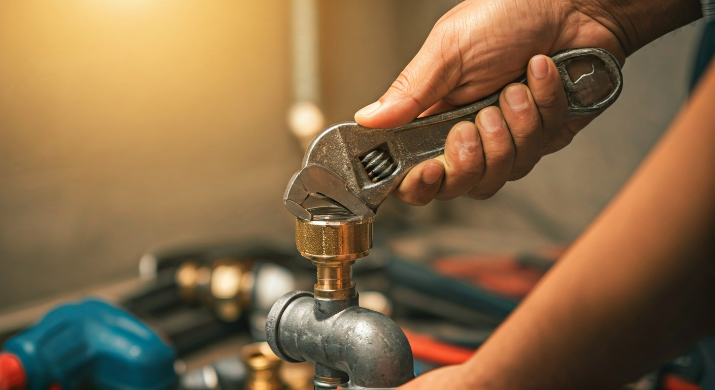 Close-up photo of a plumber's hands carefully tightening a pipe fitting with a wrench, with a subtle