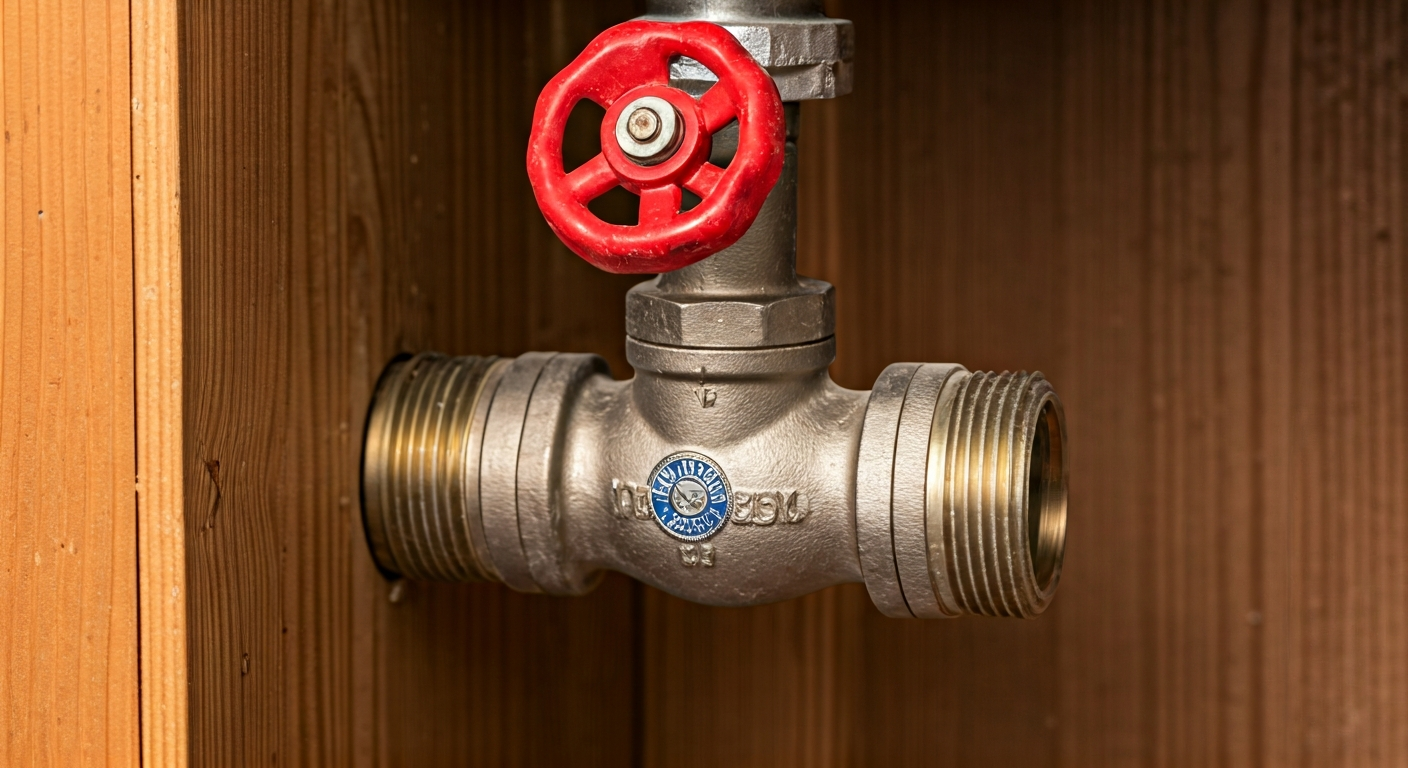 Professional photo of a home's main water shut-off valve, clearly labeled, in a well-lit utility are