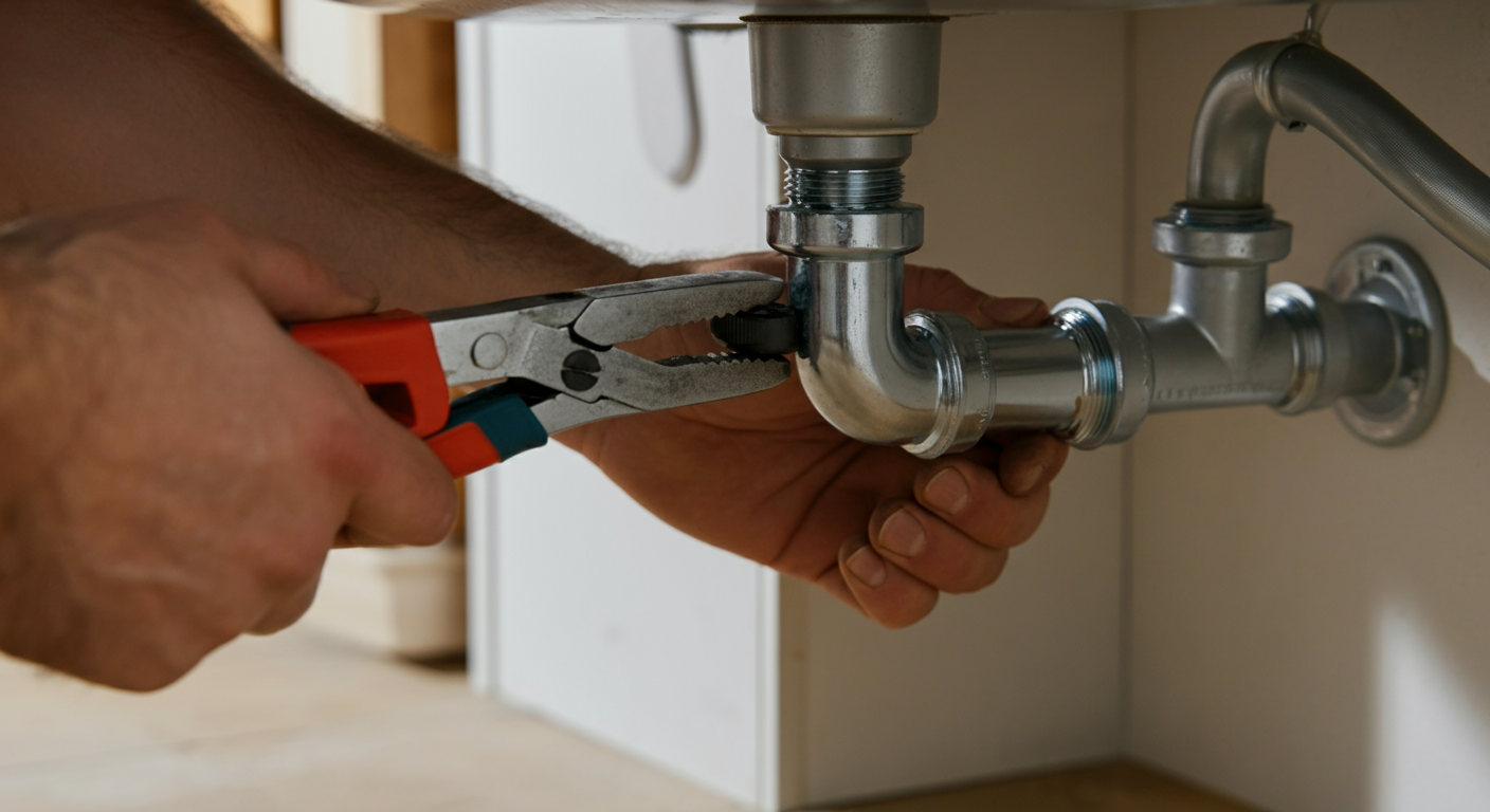 Close-up professional photo of a plumber's hands carefully tightening a pipe fitting under a sink, u