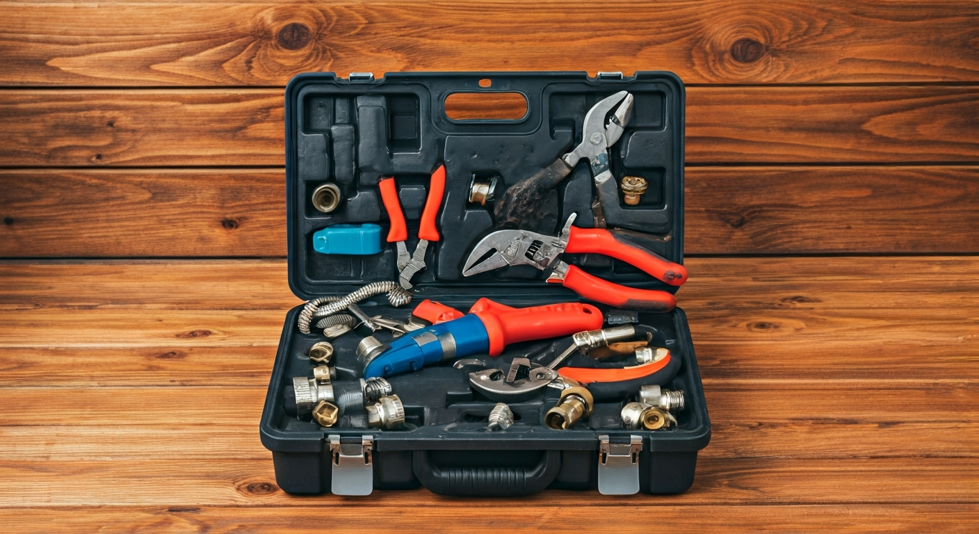 Professional photo of a clean, organized toolbox filled with various plumbing tools, resting on a wo