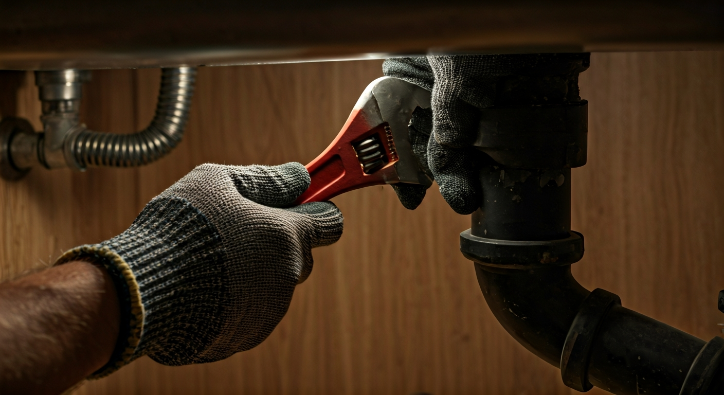 Close-up, professional photo of a plumber's hands wearing gloves, using a wrench to fix a pipe under