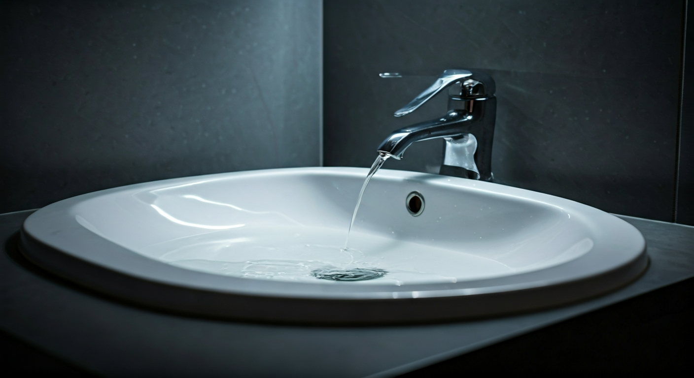 Professional photo of a residential bathroom sink with a slow-draining clog, water pooling. Natural,