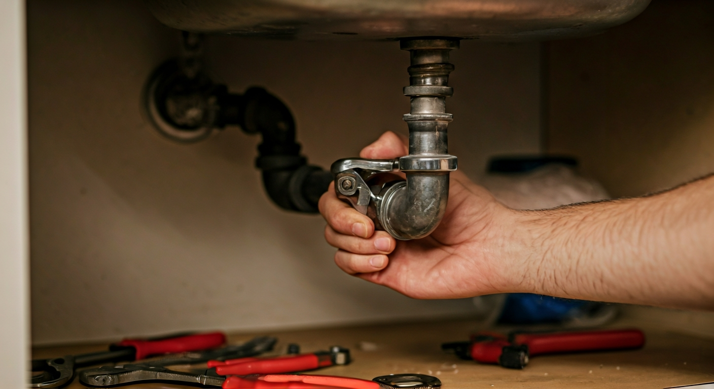 Close-up professional photograph of a plumber's hands expertly tightening a pipe fitting under a sin