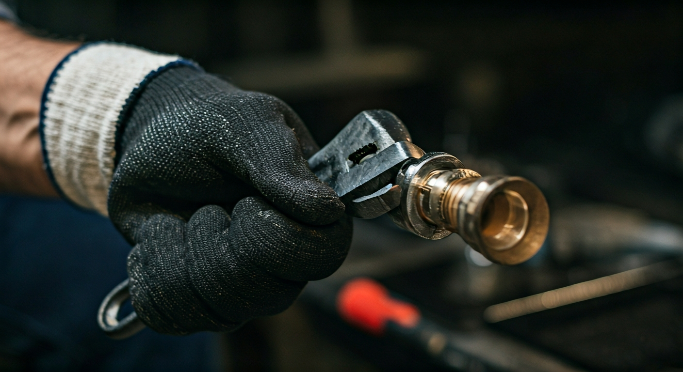 Close-up photo of a plumber's hands wearing gloves, carefully tightening a pipe fitting with a wrenc