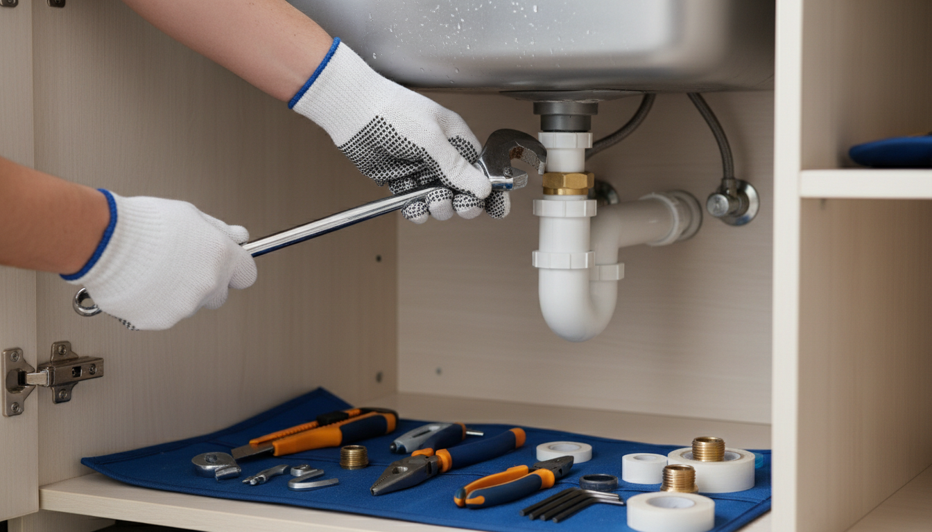 Close-up photo of a plumber's hands using a wrench to tighten a pipe connection under a kitchen sink