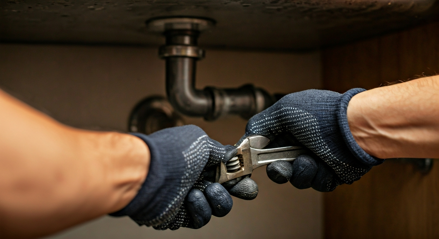 Close-up photo of a plumber's hands wearing gloves, using a wrench to tighten a pipe fitting under a